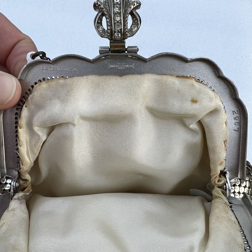 Vintage Mesh Whiting & Davis Co Silver Hand Bag Purse with Rhinestone Closure - Picture 8 of 11